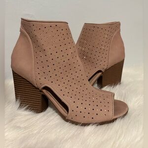 Francesca’s - Taupe Perforated Open Toe Embellished Heeled Sandal